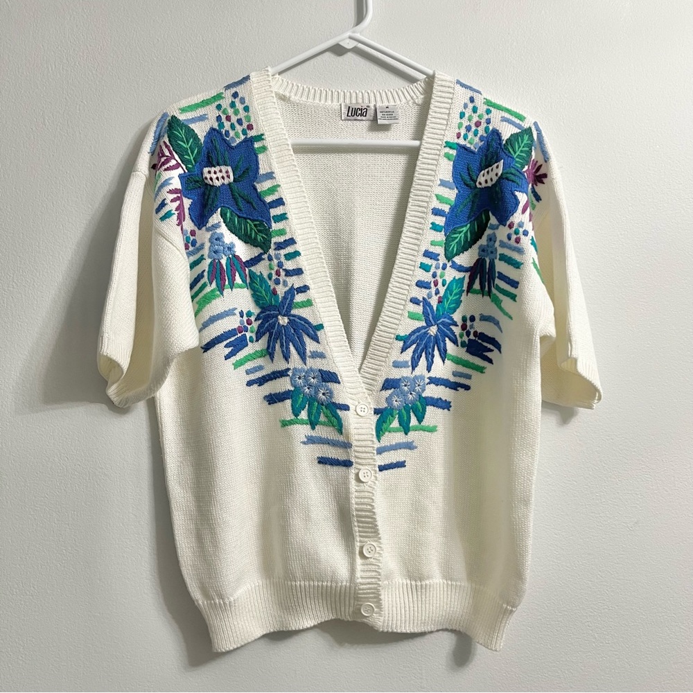 Vintage Lucia Embroidered Floral Cardigan V Neck Sweater White Blue Green 80s M